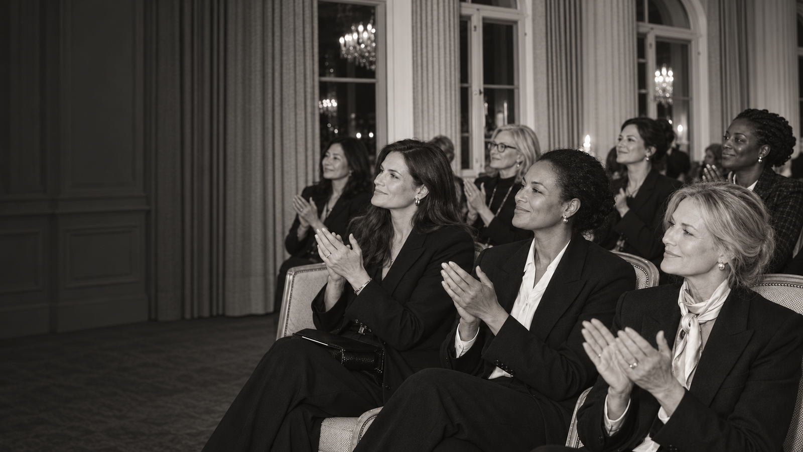 Mujeres de negocios aplaudiendo durante un encuentro HER, en blanco y negro.